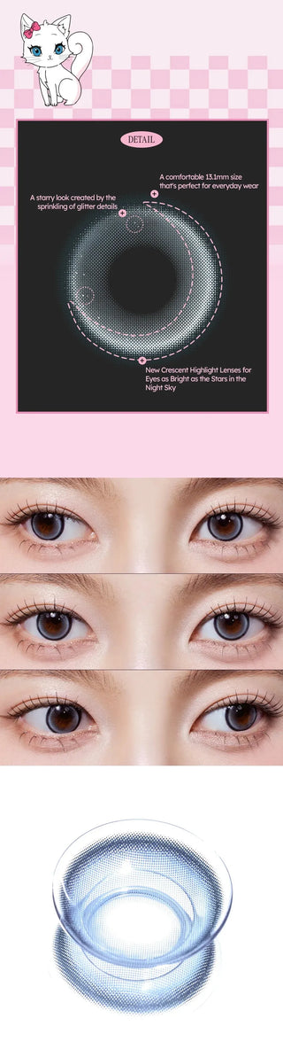 A collage of images showcasing the Olala Meow Siam Blue colored contacts including a close up lens details and close up eye model and a flatlay image of the lens
