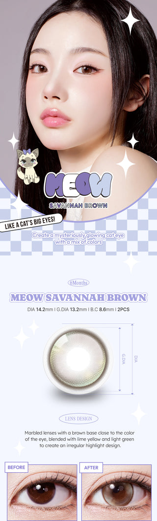 A collage of images showcasing the Olala Meow Savannah Brown colored contacts including a model image, close up lens details and close up eye model. 
