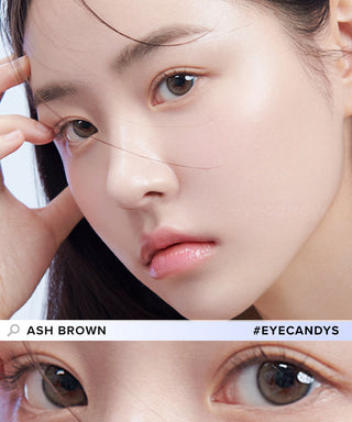 Model showcasing a Korean-beauty look using Eyeis Ash Brown prescription contact lenses color, above a closeup showing how well the circle lenses define her dark eyes.