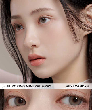 Model showcasing the natural look using Euroring Mineral Grey prescription colored contact lenses, above a closeup of a pair of eyes transformed by the grey contacts