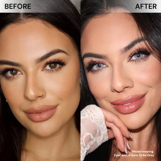 Before and after of model’s face wearing EyeCandys Dare to Be Grey prescription colored contact lenses, showing bold yet natural grey eye transformation.