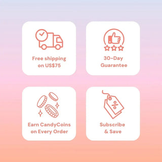 Free shipping on orders over $75, 30-day guarantee, earn CandyCoins on every order, subscribe and save – EyeCandys promo banner
