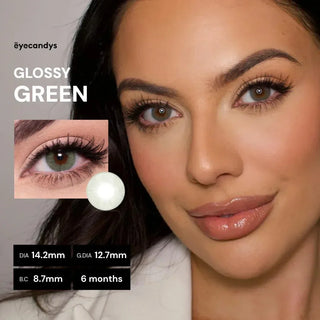 Model wearing EyeCandys Glossy color contact lenses with a shiny, natural-looking eye enhancement