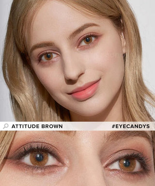 A woman with light skin and blonde hair smiles softly. A close-up reveals her brown eyes with peach eyeshadow, enhanced by EyeCandys Attitude Glitter Set for party looks. Text reads “Attitude Brown” and “#EYECANDYS.”.