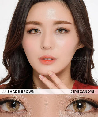 Female model showcasing natural light brown contact lenses on dark eyes, above a closeup cutout of the lenses on her eyes.