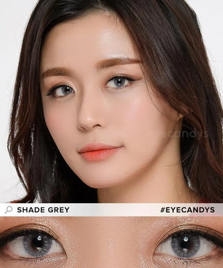 Model wearing Shade Grey contacts above a closeup cutout of her dark eyes wearing grey lenses together with natural shiny eyeshadow