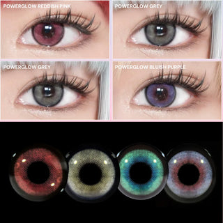 Four close-up photos show eyes wearing EyeCandys Powerglow Turquoise Green, reddish pink, grey, and bluish purple contact lenses above three front-view contacts, highlighting the colors and patterns of vibrant EyeCandys green color contacts.