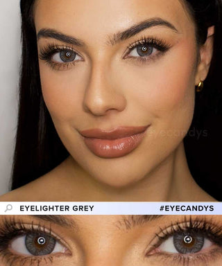 A female model with natural dark eyes wearing Pink Label Eyelighter Grey contact lenses, complemented by subtle eyeshadow and redlipstick and Close-up image showcases the model's eyes adorned with the same grey contact lenses