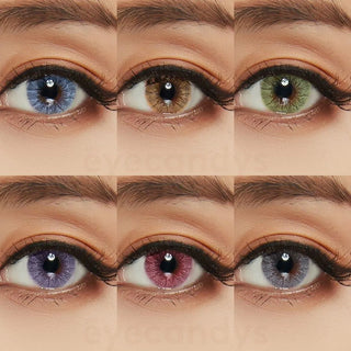 A grid of six close-up shots shows a woman's eye wearing EyeCandys Promotion Shade Series contacts in blue, brown, green, purple, red, and gray. Eye makeup and lashes are identical in each image; each pair uses the same prescription as other pairs in order.