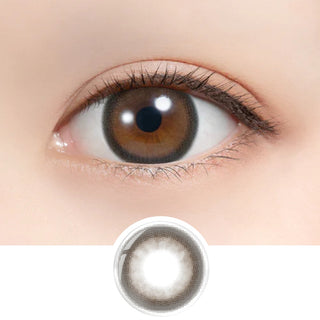 Close-up beauty shot of Feliamo 1-Day Tarte Tatin colored contact lenses on brown eyes. Caramel brown lenses with a rich chocolate center and dark limbal ring create a soft glam, clean circle lens look. Japanese 1-day contacts perfect for everyday wear, coffee dates, and polished makeup styles.