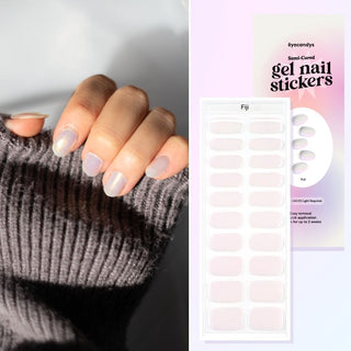 Collage of hand model showcasing the Gel Nail Sticker Fiji Design and a flatlay image of the same sticker strip together with the packaging on the side. 