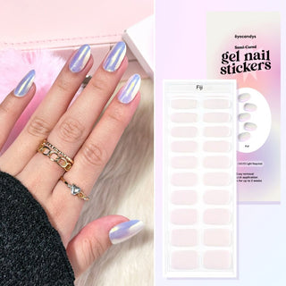 Model's hand showcasing EyeCandys Fiji Gel Nail Stickers. These iridescent white stickers offer a shimmering, elegant finish, providing a glossy, long-lasting manicure with minimal effort. The soft, radiant hue adds a touch of sophistication and style to any look