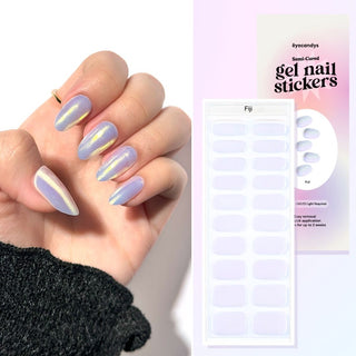 Model's hand showcasing EyeCandys Fiji Gel Nail Stickers. These iridescent white stickers offer a shimmering, elegant finish, providing a glossy, long-lasting manicure with minimal effort. The soft, radiant hue adds a touch of sophistication and style to any look