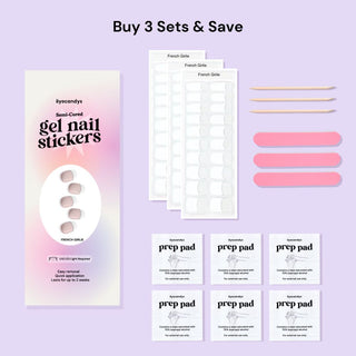 EyeCandys French Girlie Gel Nail Sticker set includes alcohol prep pads, a wooden stick, and a nail file for easy application. This all-in-one kit ensures a smooth, long-lasting manicure with minimal effort. Perfect for at-home use, these gel nail stickers offer a chip-free finish and come with essential tools for flawless results.