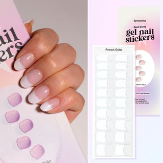 Collage featuring a hand model showcasing the EyeCandys Gel Nail Sticker French Girle design, along with an overhead image of the same sticker strip and packaging. Perfect for effortless, glamorous nail art with long-lasting wear