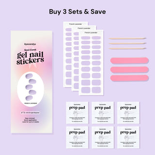 EyeCandys French Lavender Gel Nail Sticker set includes alcohol prep pads, a wooden stick, and a nail file for easy application. This all-in-one kit ensures a smooth, long-lasting manicure with minimal effort. Perfect for at-home use, these gel nail stickers offer a chip-free finish and come with essential tools for flawless results.