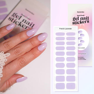 Collage featuring a hand model showcasing the EyeCandys Gel Nail Sticker French Lavender design, along with an overhead image of the same sticker strip and packaging. Perfect for effortless, glamorous nail art with long-lasting wear