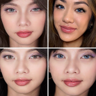 Collage of models wearing Eyecandys Doe Blue, Doe Golden Brown, Bunnie Jelly Blue, and Bunnie Milky Ash contact lenses