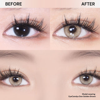 Before and after of eye wearing Eyecandys Doe Golden Brown contact lenses, showing natural color change