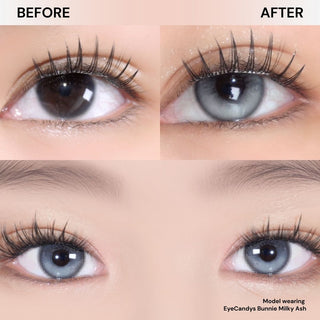 Before and after of eye wearing Eyecandys Bunnie Milky Ash Grey contact lenses, showing soft grey tone
