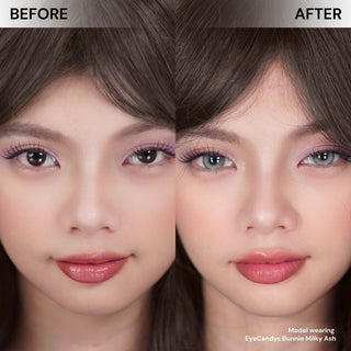 Girl with long lashes and purple eyeshadow before and after wearing Eyecandys Bunnie Milky Ash Grey contact lenses