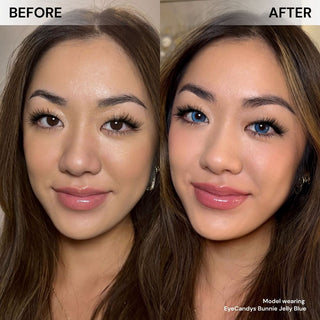 Girl with long wispy lashes before and after wearing Eyecandys Bunnie Jelly Blue contact lenses