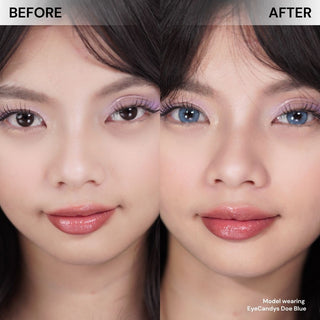 Girl with long wispy lashes before and after wearing Eyecandys Doe Blue contact lenses