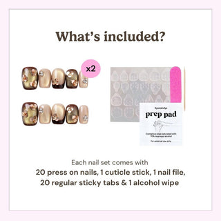 An image displays all contents of the EyeCandys Gilt Trip Press-On Nails set: 20 handmade press-on nails (neutral and brown designs), 1 cuticle stick, 1 nail file, 20 sticky tabs, and 1 alcohol wipe.