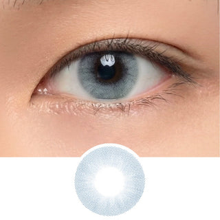 Close-up of model’s eye wearing EyeCandys Glossy Blue colored contact lens, vibrant natural blue look, best contact lens, affordable contact lens price