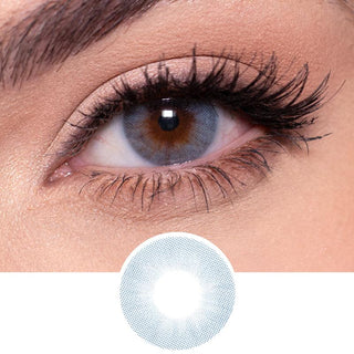 Closeup of the glossy blue Color Contact Lens worn on a dark eye, with a thumbnail showing the color lens pattern.