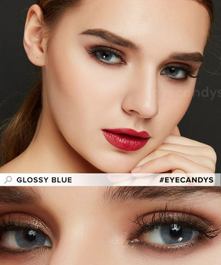 Close-up of EyeCandys glossy blue colored prescription contact lenses on a model's eyes, with a closeup of her eyes showing the natural transformative effect of the blue contacts.