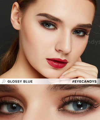 Close-up of EyeCandys glossy blue colored prescription contact lenses on a model's eyes, with a closeup of her eyes showing the natural transformative effect of the blue contacts.