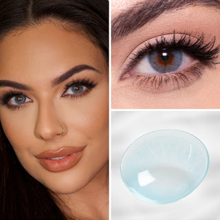 Collage featuring Eyecandys Glossy Blue Colored Contacts on a model, showcasing the vibrant blue shade with a natural look, an eye close-up wearing the lens, and a detailed view of the contact lens design.