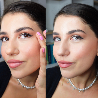 Before and after of the Glossy Ivory contact lenses on a dark-eyed model with minimal eye makeup