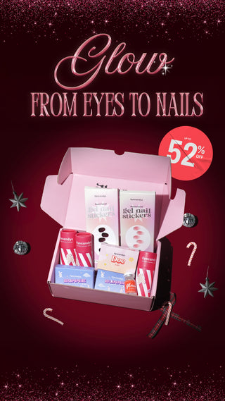 Promotional EyeCandys box for Black Friday containing gel nail stickers and colored prescription lenses: Doe, Bunnie, and more.