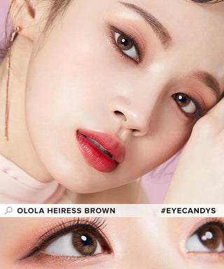 Model showcasing the natural look using Olola Heiress Brown (KR) prescription color contacts, above a closeup of a pair of eyes transformed by the color contact lenses