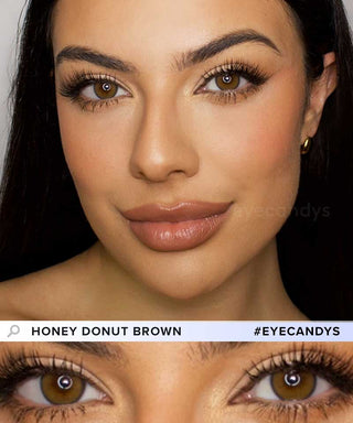 A female model with natural dark eyes wearing Pink Label Honey Donut Brown contact lenses, complemented by subtle eyeshadow and red lipstick and Close-up image showcases the model's eyes adorned with the same brown contact lenses