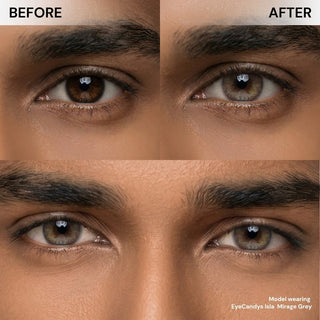 Before and after wearing EyeCandys Isla Mirage Grey prescription colored contact lens on male model, natural grey eye transformation, best contact lens, affordable contact lens price