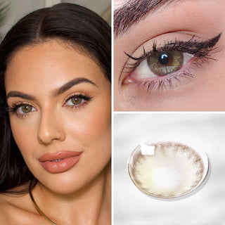 Close-up of a model wearing EyeCandys Mirage Grey colored contacts, highlighting the warm hazel tones that enhance the natural eye color with a subtle and radiant look.