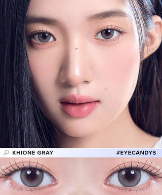 Asian model demonstrating a K-idol-inspired look with Gemhour Khione 1-Day Grey (10pk) coloured contact lenses, highlighting the instant brightening and enlarging effect of the circle contact lenses over dark irises.