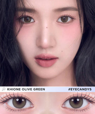 Asian model demonstrating a K-idol-inspired look with Gemhour Khione 1-Day Olive (10pk) coloured contact lenses, highlighting the instant brightening and enlarging effect of the circle contact lenses over dark irises.