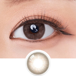 Macro shot of an eye wearing the Olola Mellows 1-Day Muse Brown (10pk) (KR) colour contact lens, showing the multi-colored detail and natural effect on dark brown eyes, with clean eye makeup