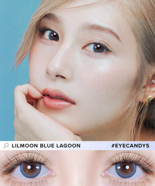 Close-up of model with brown eyes wearing EyeCandys Lilmoon Silicone Hydrogel Blue Lagoon contact lenses. The vibrant blue color with a bold black limbal ring enhances the natural beauty of the eyes, creating a defined and captivating look. Ideal for comfort and all-day wear