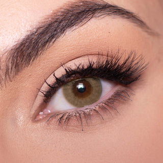 Close-up shot of a model with natural dark eyes wearing Libre Beige contact lenses, complemented by natural eye make up. Close-up image showcases the model's eyes adorned with the same beige contact lenses.