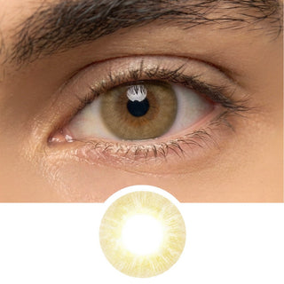 Close-up of male model’s eye wearing EyeCandys Libre Beige prescription colored contact lens, natural beige eye enhancement, best contact lens, affordable contact lens price