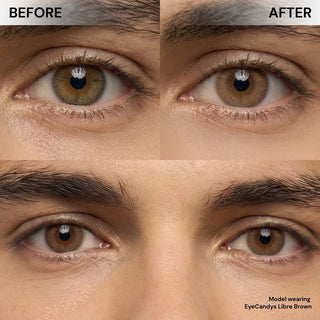 Male model before and after EyeCandys Libre Brown colored contact lens, subtle to rich brown eye enhancement, best contact lens choice, budget-friendly contact lens price