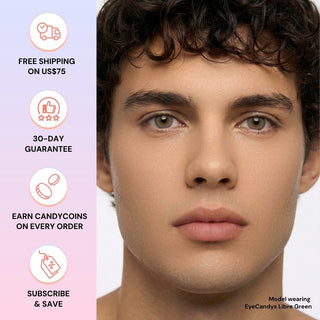 Male model with EyeCandys Libre Green prescription colored contact lens, bright and natural green eye look, best contact lens for daily wear, competitive contact lens price
