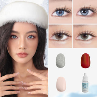Close-up of model’s face wearing EyeCandys Bunnie Milky Ash lenses, with nearby close-ups of eyes wearing Doe Blue, Bunnie Milky Ash, Glossy Ivory, and Glossy Hazel lenses. Set also includes Tangerine Cream, All That Glitters, and Mint Condition gel nail stickers and Dream Eye Lens Drops.