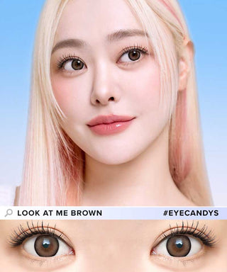 A model wearing Dekame Look At Me Brown contact lenses and peach lipstick, accompanied by minimal makeup. Below is a close up eye image of the model wearing the same lens.
