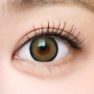A close-up of a human eye with long lashes shows the iris enhanced by i-Sha Dekame Love Me Cashewnut Brown contacts from i-Sha, adding a rich brown tint. The surrounding skin is light in tone.